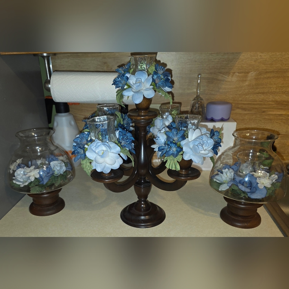 3pc Elegant Brown Candelabra with Blue Floral Accents